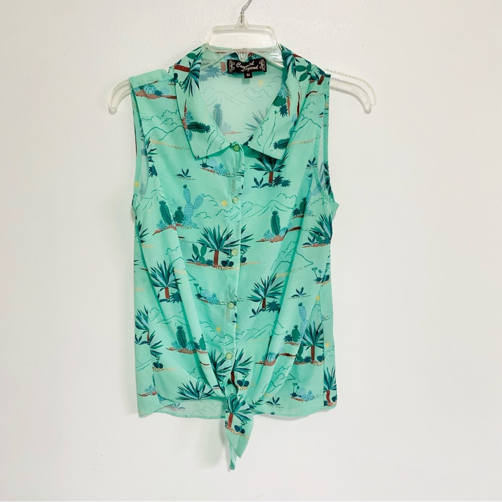 Cowgirl Legend- Pearl Snap Sleeveless Blouse, teal cactus desert western